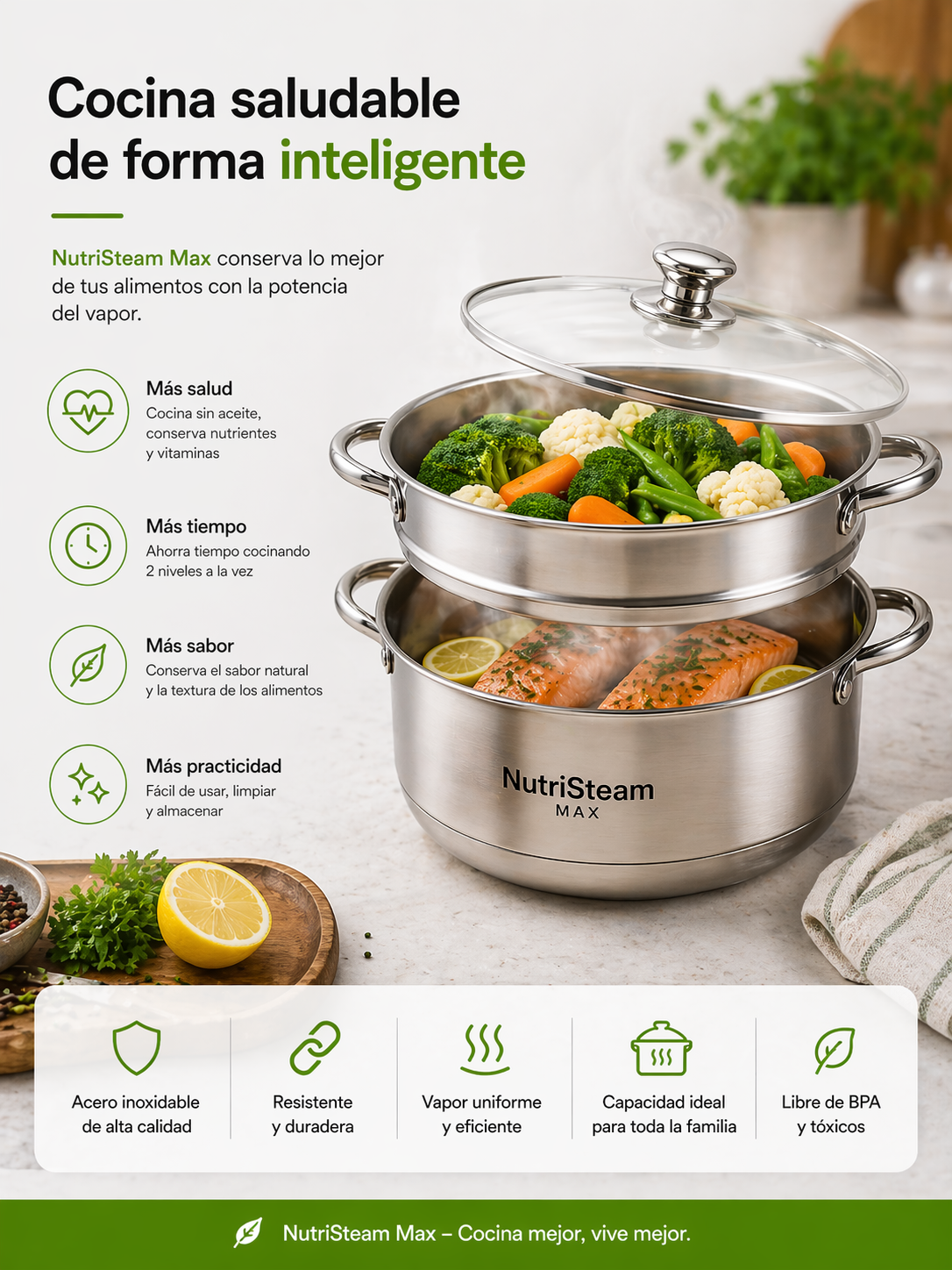 NutriSteam Max - Olla vaporera + Ebook con 30 recetas ideales para ser el chef de la familia
