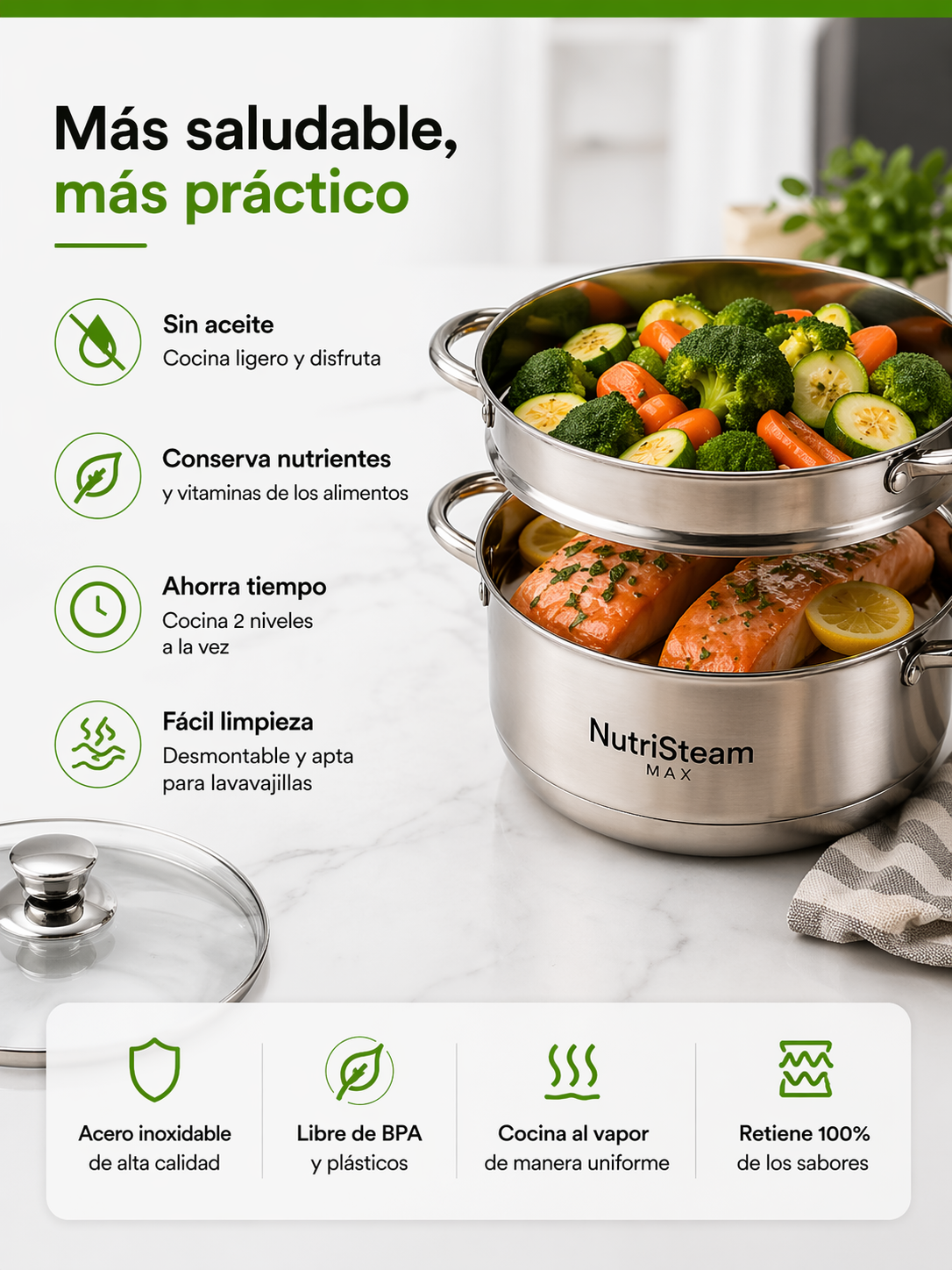 NutriSteam Max - Olla vaporera + Ebook con 30 recetas ideales para ser el chef de la familia
