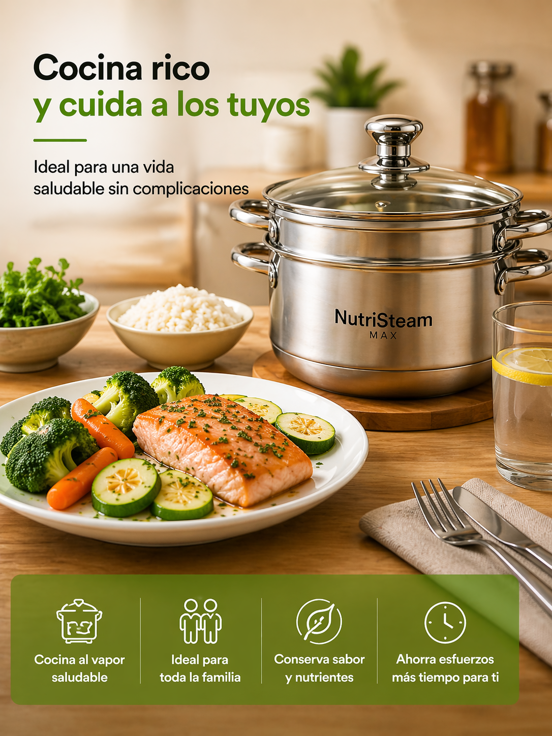 NutriSteam Max - Olla vaporera + Ebook con 30 recetas ideales para ser el chef de la familia