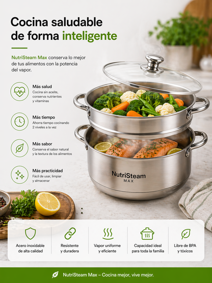NutriSteam Max - Olla vaporera + Ebook con 30 recetas ideales para ser el chef de la familia
